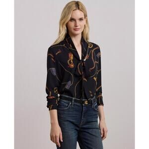 LAUREN RALPH LAUREN Womens Georgette Top Medium Navy Blue Belting Print NWT